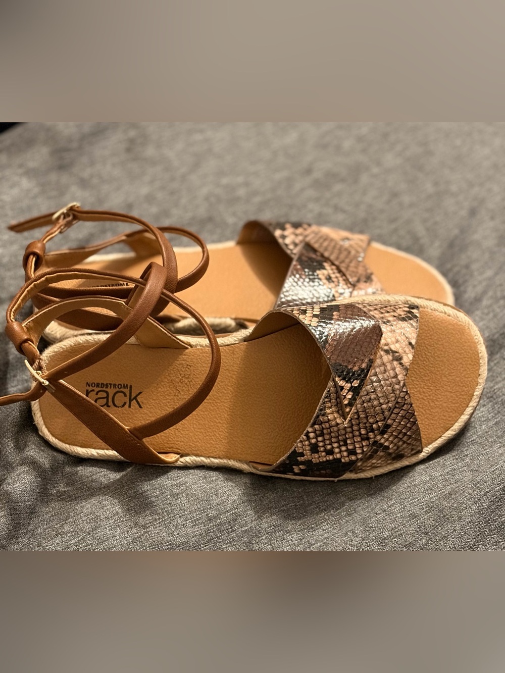 Girls Nordstrom Espadrille Sandals with Snake-Print Upper and Brown Ankle Straps